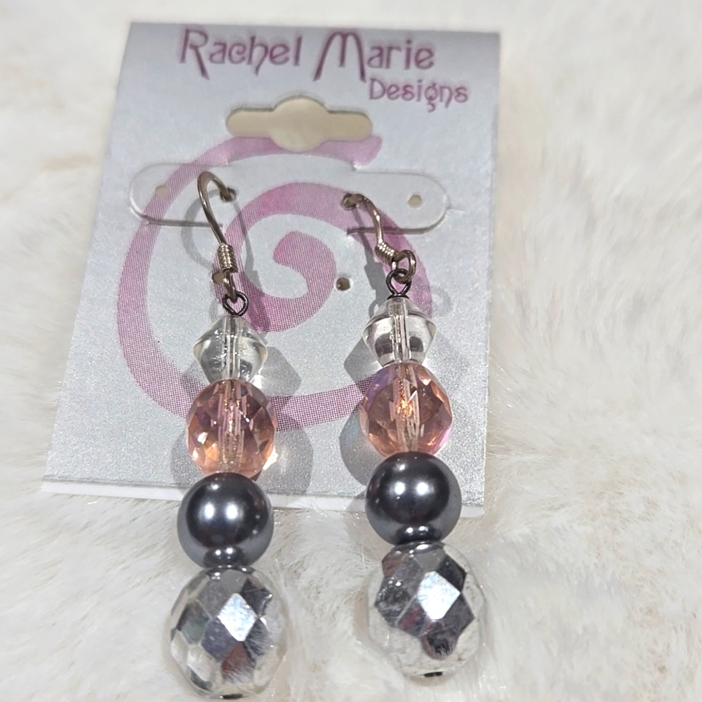 Rachel Marie designs hand crafted earrings ,silver, gray, pink, clear beads NEW